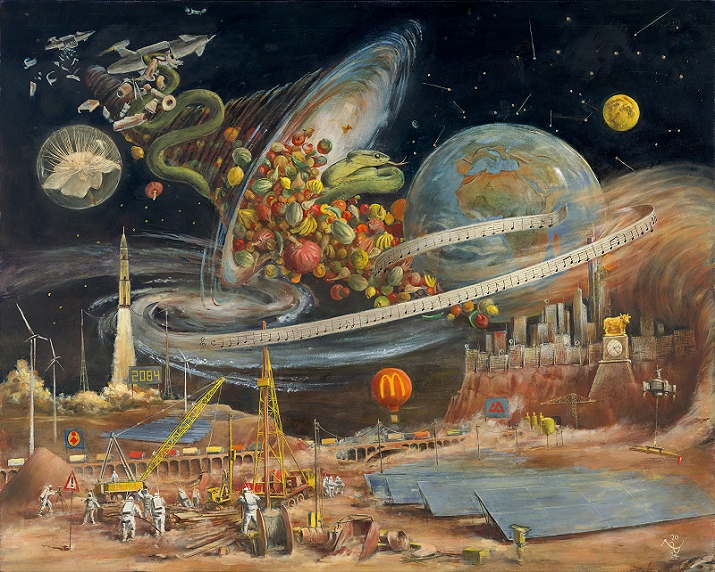 Zweitausendvierundachtzig, 2024, l/Acryl auf Holz, 80  100 cm